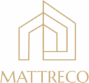 Logo géométrique MATTRECO. Double contour architectural beige évoquant une maison moderne, avec un motif hachuré blanc central sur fond vert.