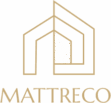 Logo MATTRECO: maison géométrique minimaliste en lignes dorées sur fond vert foncé. L'intérieur central est rayé blanc.