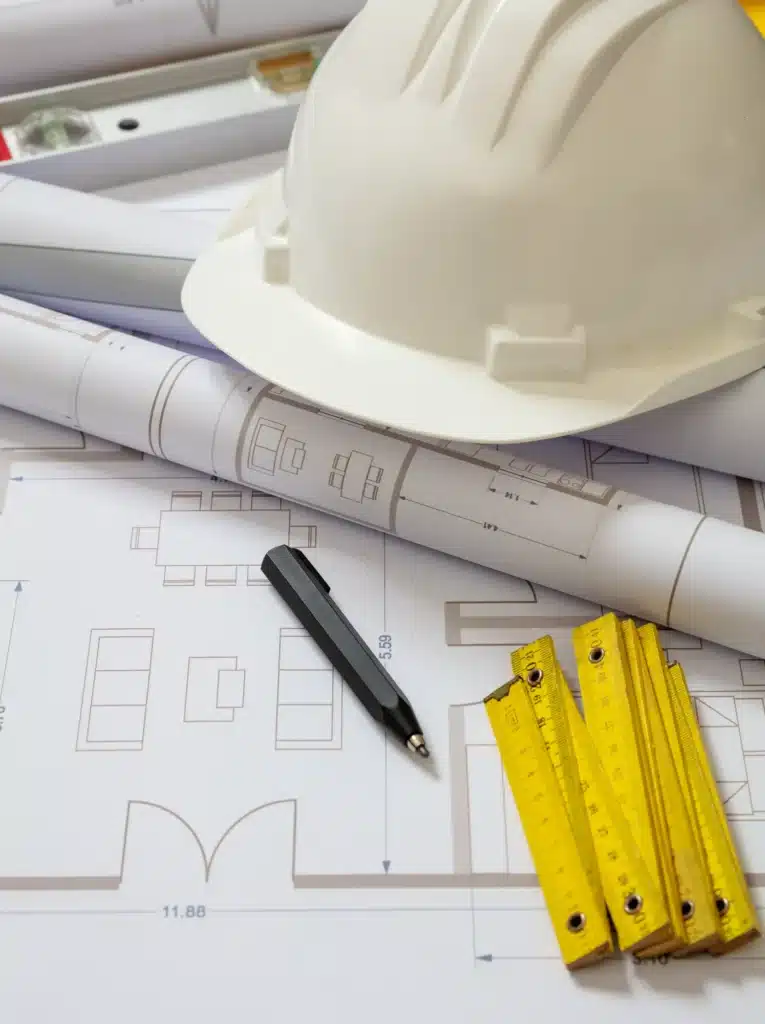 Plans de construction, casque et mètre pour l'architecture. Casque de chantier blanc sur des plans d'architecte et dessins techniques. Un mètre pliant jaune et un stylo noir soulignent la précision du projet.