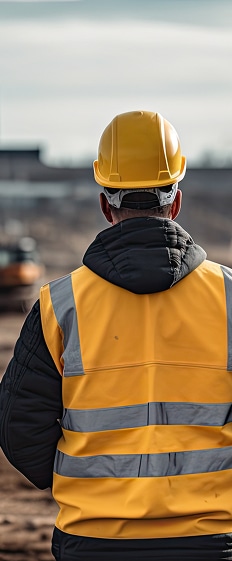 Sécurité Chantier : Casque jaune et gilet haute-visibilité. Superviseur de dos sur un chantier, portant un casque jaune et un gilet de sécurité haute-visibilité avec bandes réfléchissantes.